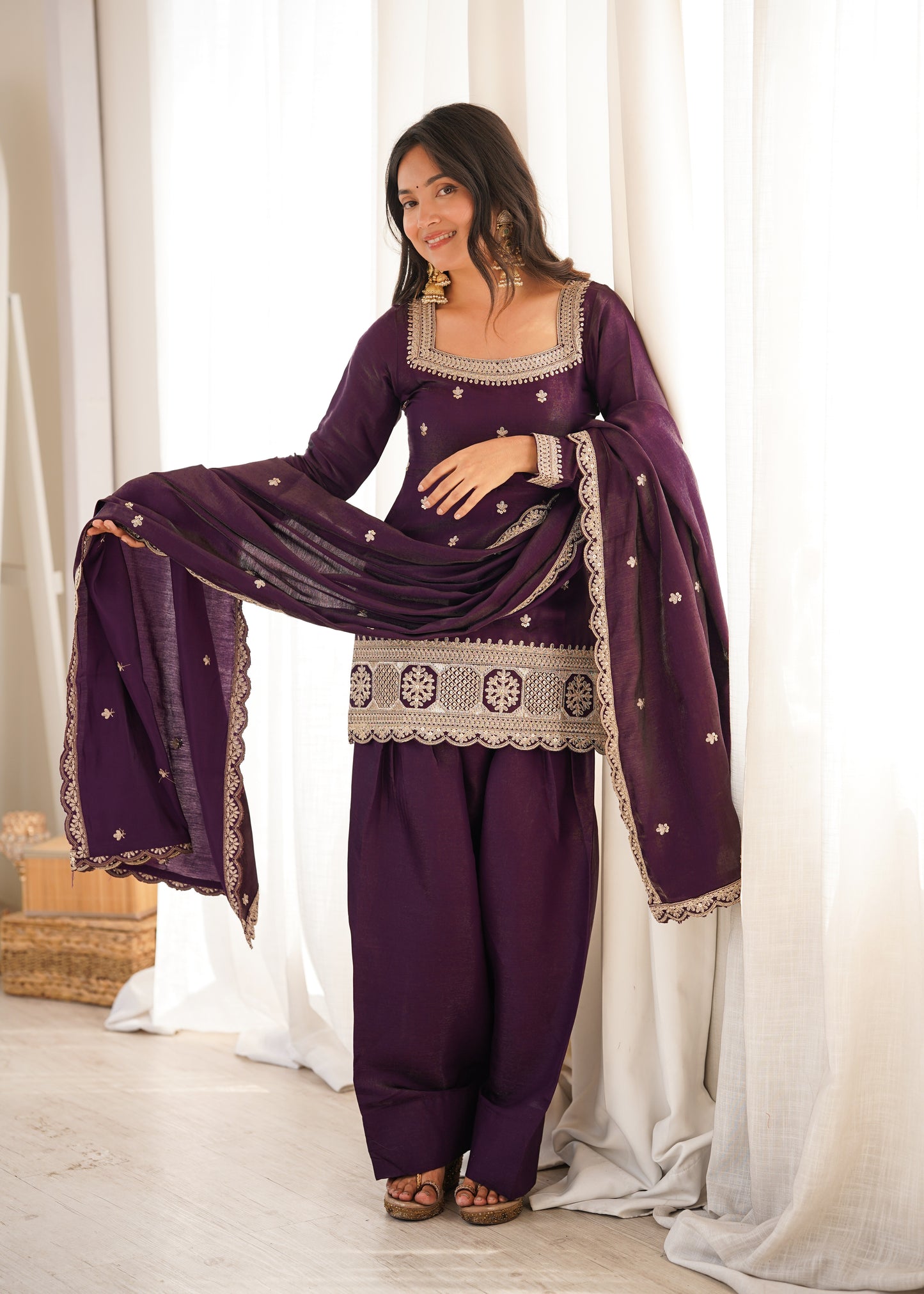 LadyVastara Premium Glass Roman Silk Embroidered Kurta Farshi Shalwar Set with Dupatta