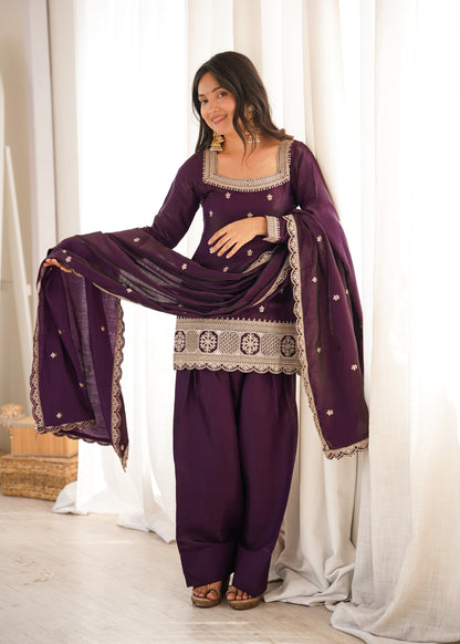 LadyVastara Premium Glass Roman Silk Embroidered Kurta Farshi Shalwar Set with Dupatta