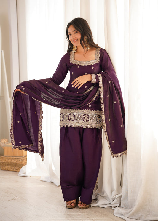 LadyVastara Premium Glass Roman Silk Embroidered Kurta Farshi Shalwar Set with Dupatta