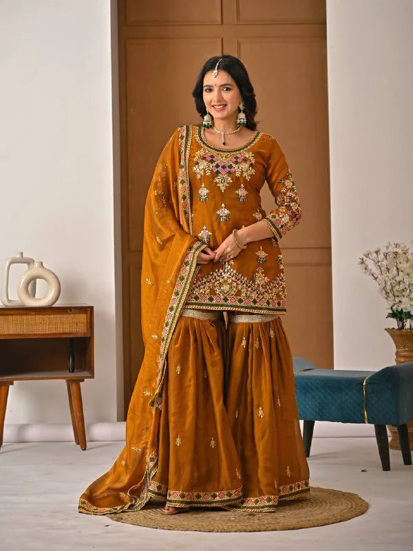 LadyVastara Designer Heavy Fandy Silk Kurta Sharara Palazzo Set with Embroidery & Dupatta