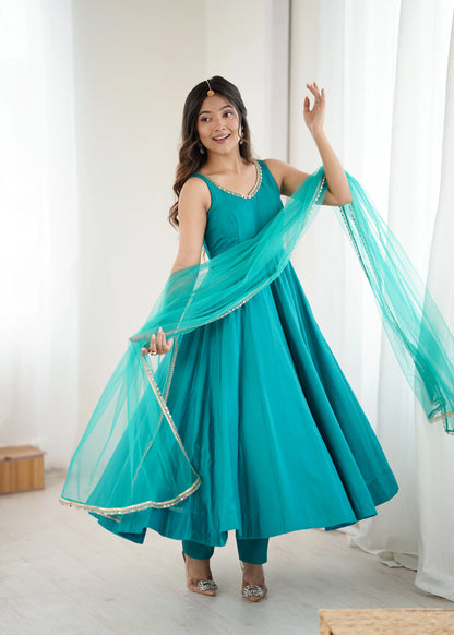 LadyVastara Premium Chanderi RomanSilk Anarkali with Soft Net Dupatta & Fancy Lace Work