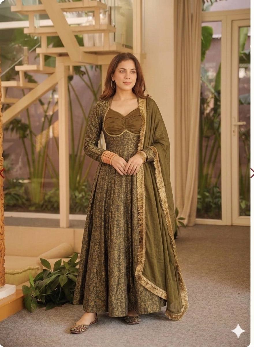 LadyVastara Floral Brocade Jacquard Anarkali Suit Set with Pant & Dupatta