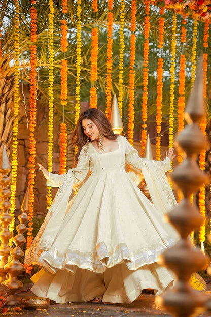 LadyVastara Traditional Wear Designer Gown Set with Mukesh Work Dupatta