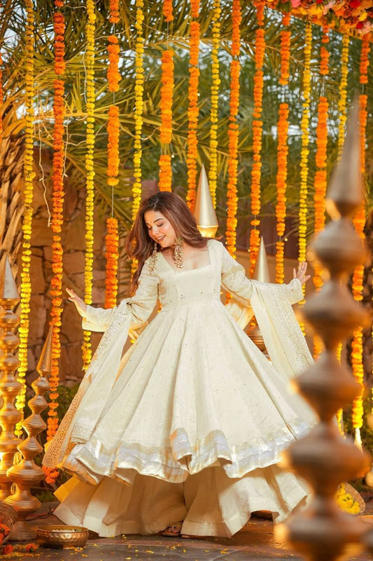LadyVastara Traditional Wear Designer Gown Set with Mukesh Work Dupatta