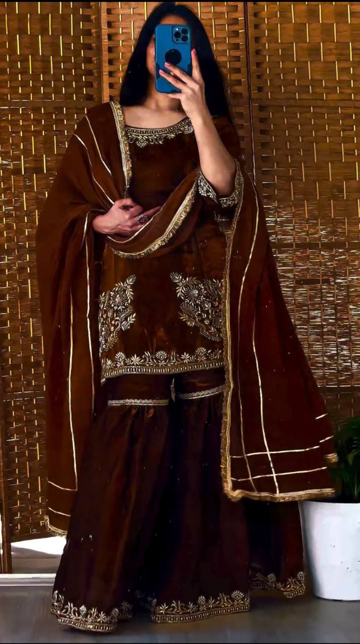LadyVastara Designer Natural Crepe Embroidered Top Sharara Palazzo Set with Dupatta