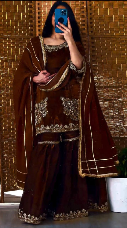 LadyVastara Designer Natural Crepe Embroidered Top Sharara Palazzo Set with Dupatta