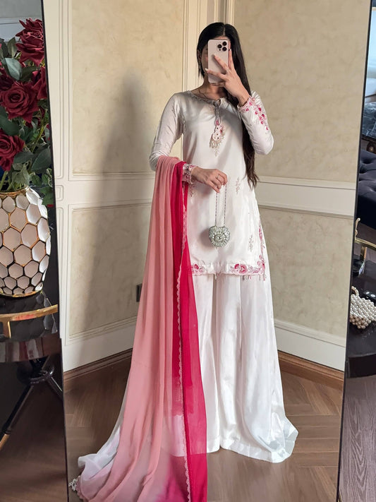 LadyVastara Luxury Party Wear Embroidered Kurta Palazzo Set with Shaded Dupatta