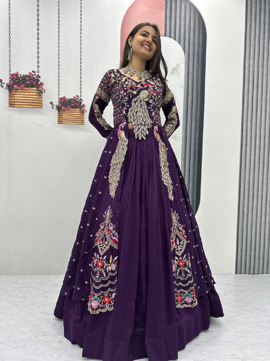 Lady Vastara Festival Special Pure Vichitra Crop Top Lehenga Set with Heavy Work