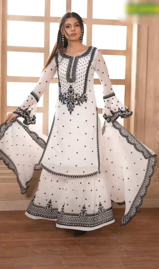 LadyVastara Designer Heavy Embroidered Faux Georgette Flair Top Set with Dupatta