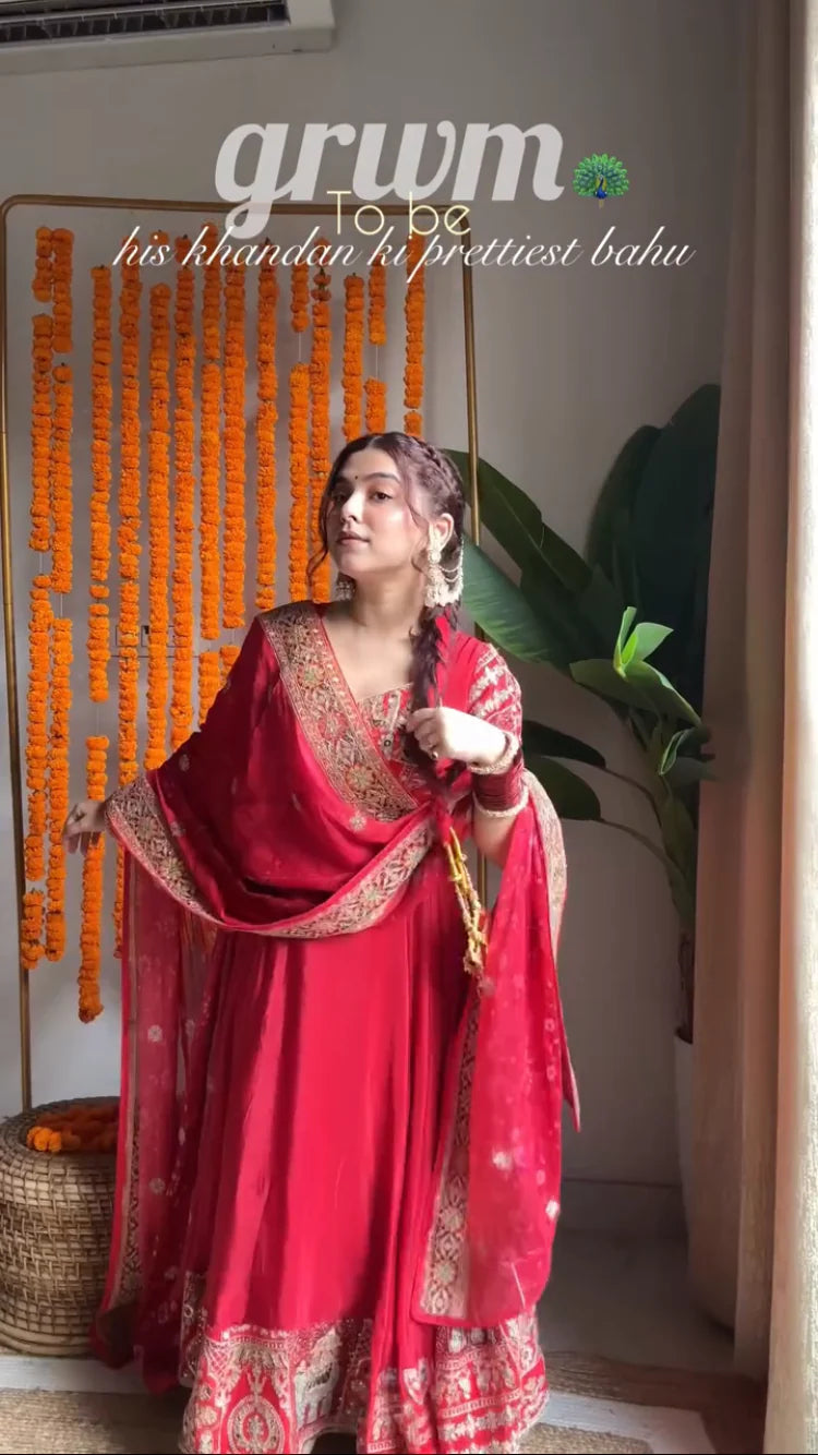Ladyvastara Royal Red Anarkali Set with Heavy Embroidery | Bridal & Festive Wear