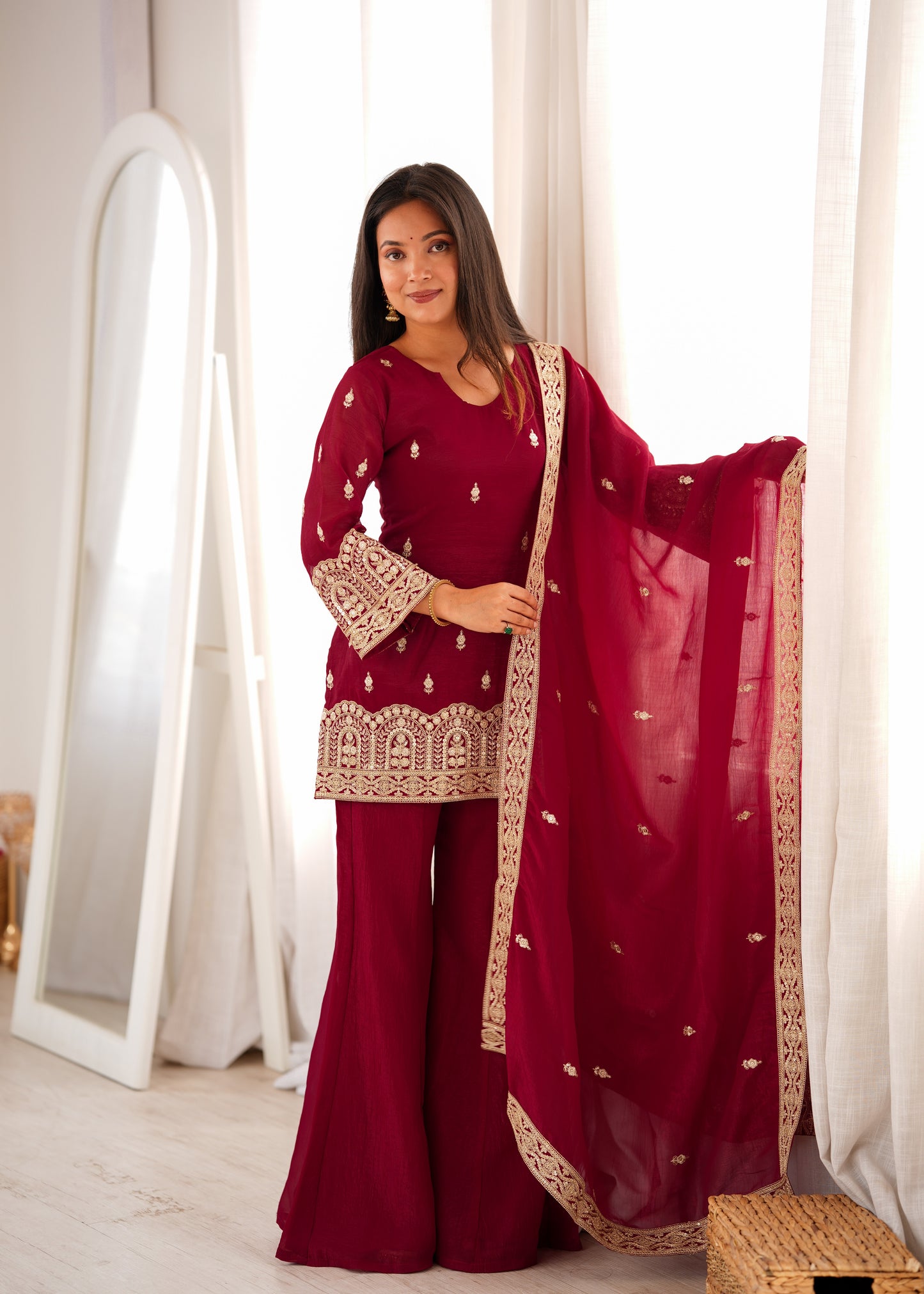 LadyVastara Designer Crunchy Silk Embroidered Kurta Bell Bottom Pant Set with Dupatta