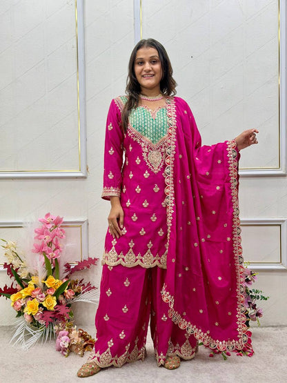 Chinon Silk Embroidered Mirror Work Palazzo Suit Set with Dupatta