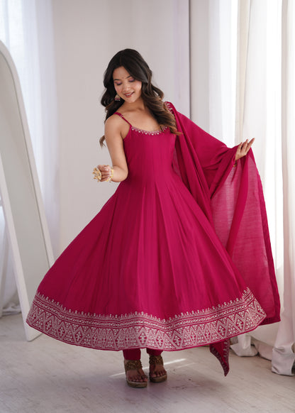 LadyVastara Elegant Sleeveless Roman Silk Chanderi Anarkali Dress