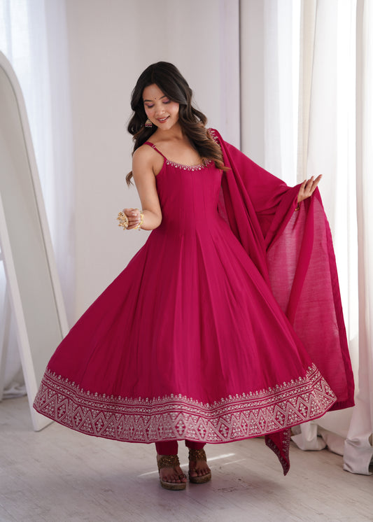 LadyVastara Elegant Sleeveless Roman Silk Chanderi Anarkali Dress