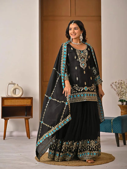 Ladyvastara Black Embroidered Kurta Sharara Set with Dupatta for Wedding & Festive Wear