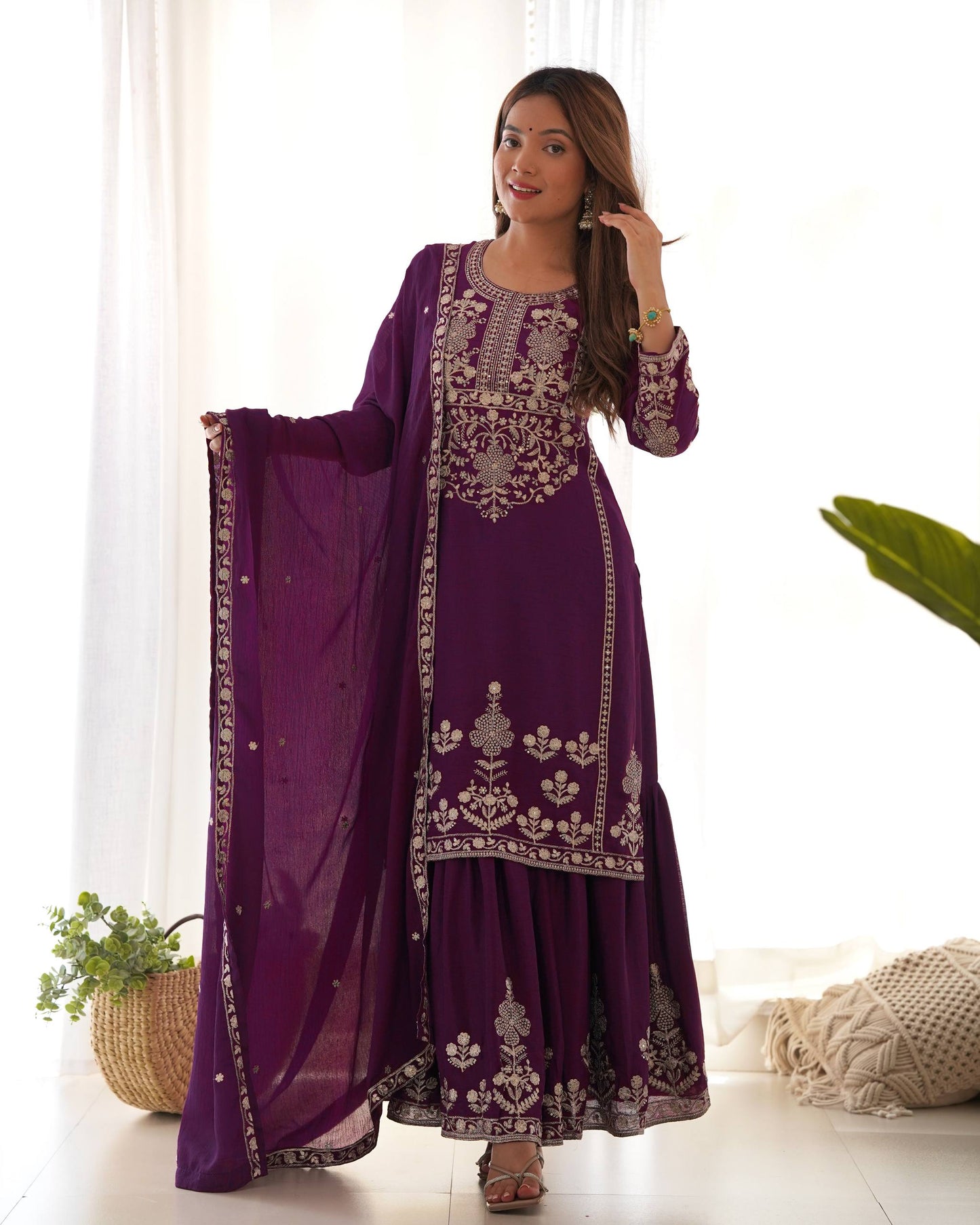 LadyVastara Designer Chinon Silk Kediyakurta with Sharara & Dupatta Set