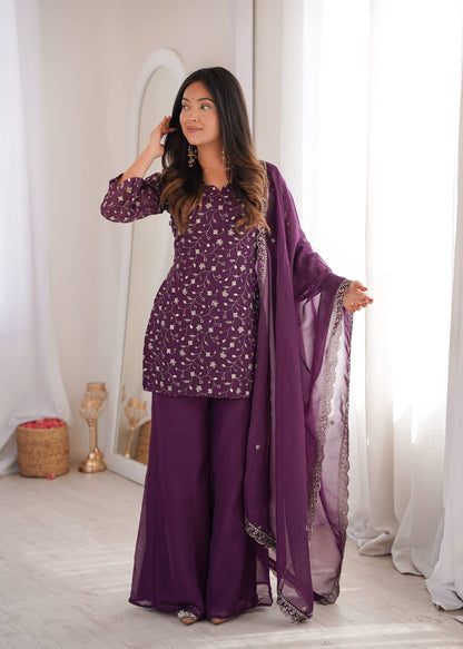 LadyVastara Designer Crunchy Silk Kurta Bell Bottom Set With Embroidery Sequence & Zari Work Dupatta
