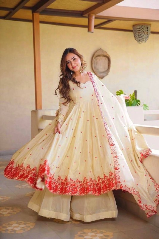 LadyVastara Pure Cosmos Silk Anarkali Sharara Set with Embroidered Dupatta