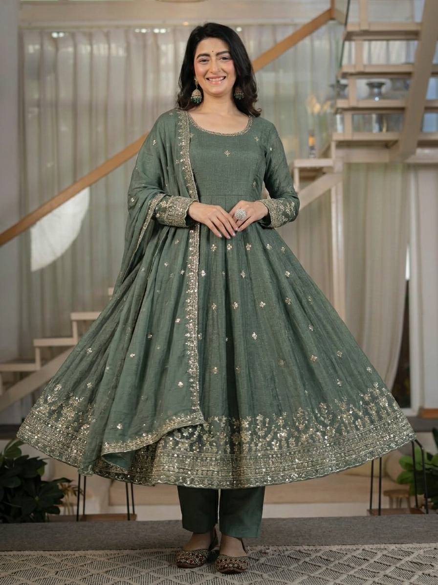 LadyVastara Women's Heavy Crunchy Silk Anarkali Suit Set with Embroidered Dupatta