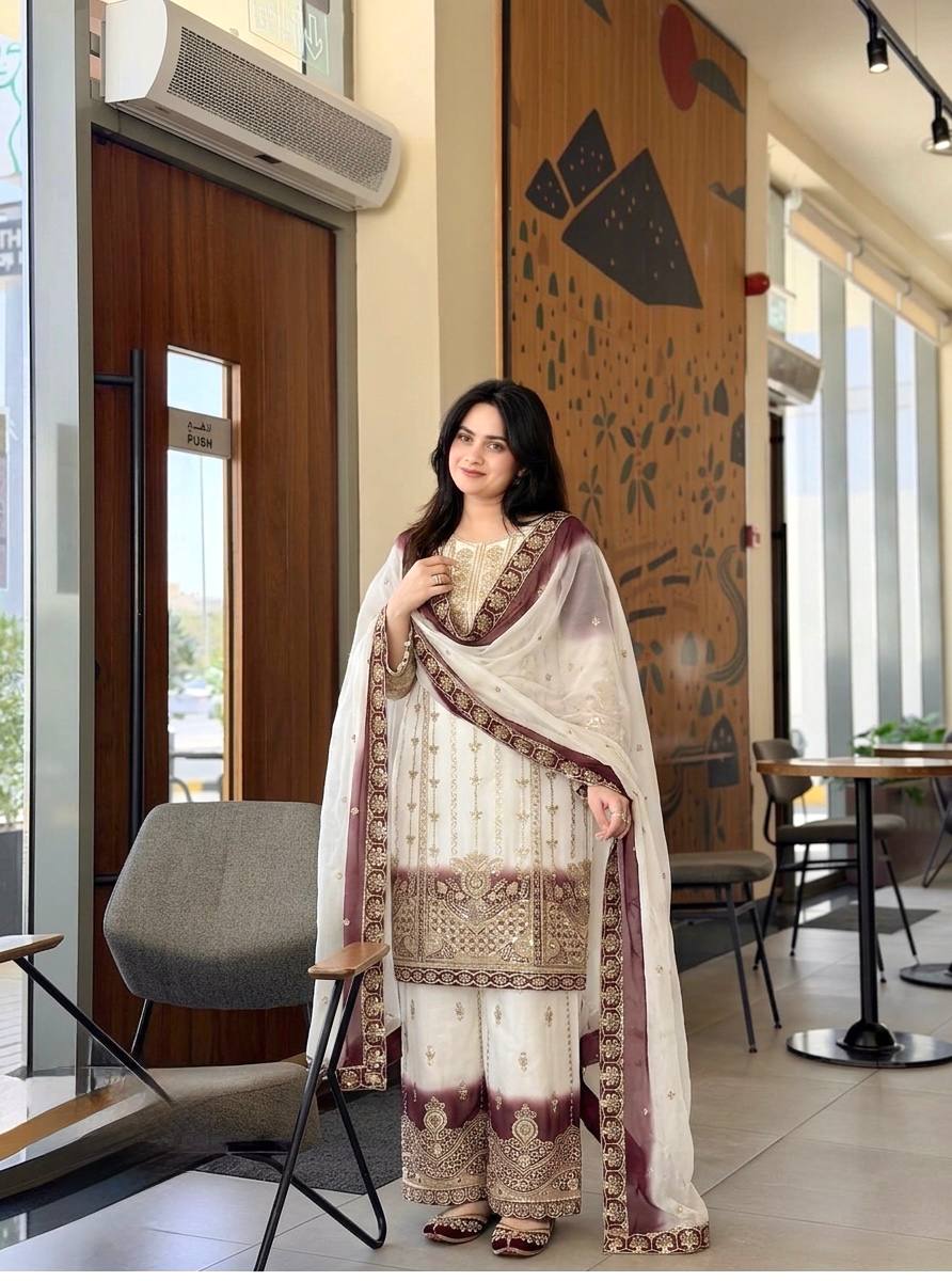 Women's Heavy Dual Tone Star Georgette Embroidered Kurta Palazzo Set with Dupatta
