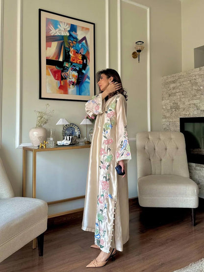 Women's Pure Roman Glass Embroidered Long Kaftan Set with Bottom & Dupatta