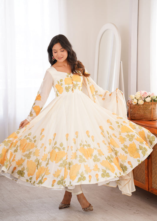 LadyVastara Women's Heavy Organza Silk Floral Print Anarkali Gown Set with Dupatt