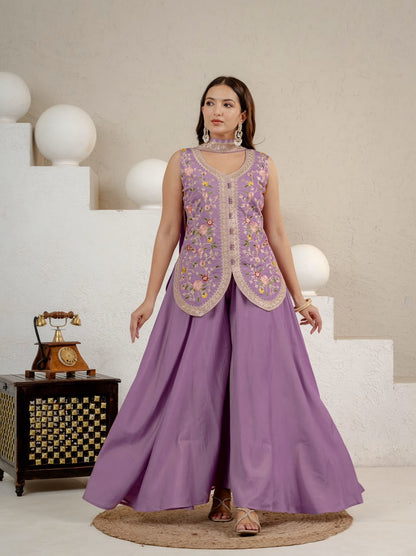 LadyVastara Designer Roman Silk Sharara Set with Embroidered Chanderi Dupatta