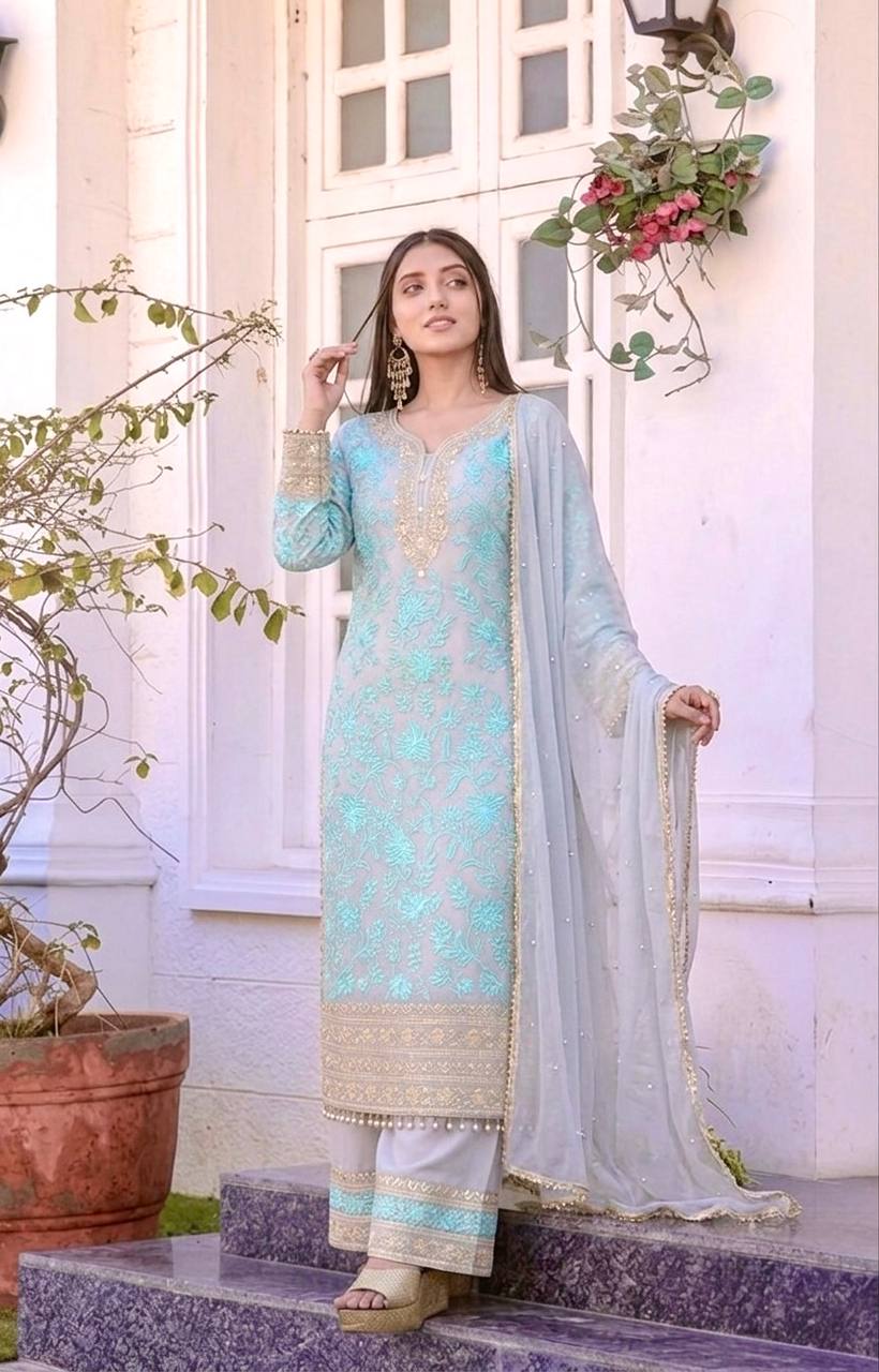 LadyVastara Elegant Faux Georgette Embroidered Kurta Plazzo Set with Dupatta