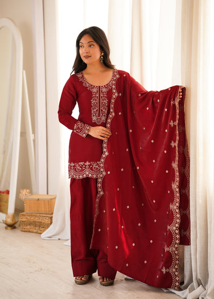LadyVastara Elegant Glass Roman Silk Kurta Farshi Shalwar Set with Embroidered Dupatta