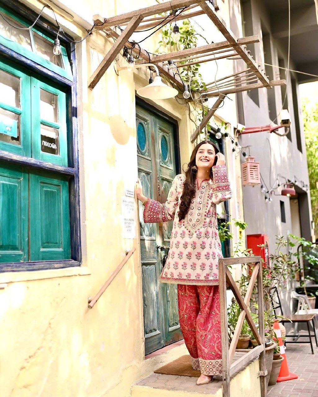 LadyVastara Natural Crepe Digital Print Farshi Palazzo Set with Mirror Work