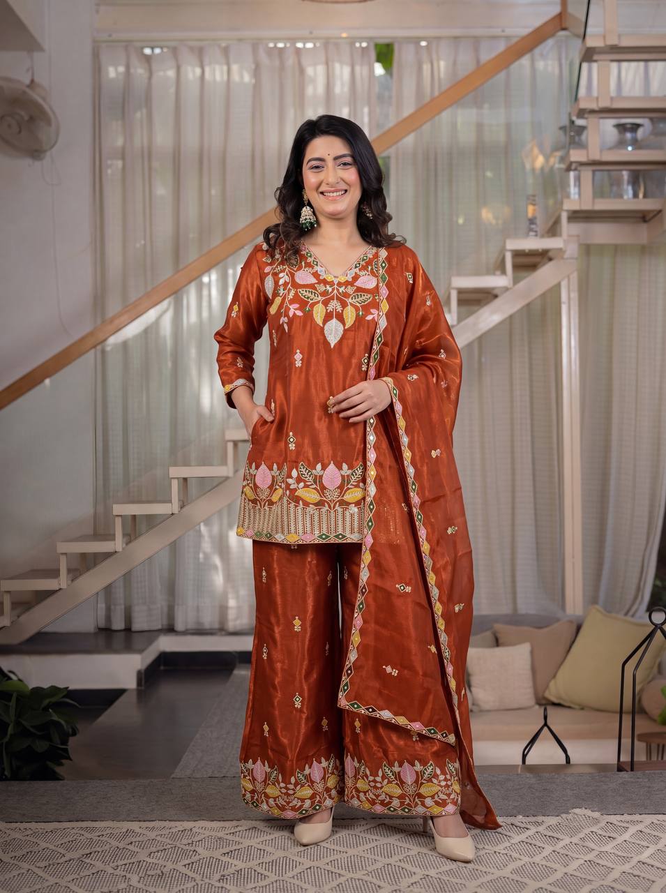 LadyVastara Premium Sindoori Satin Silk Embroidered Palazzo Suit Set for Women