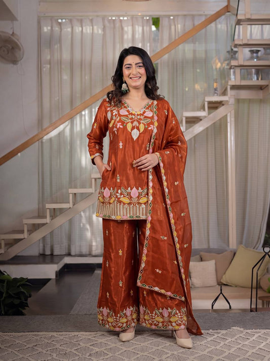 LadyVastara Premium Sindoori Satin Silk Embroidered Palazzo Suit Set for Women