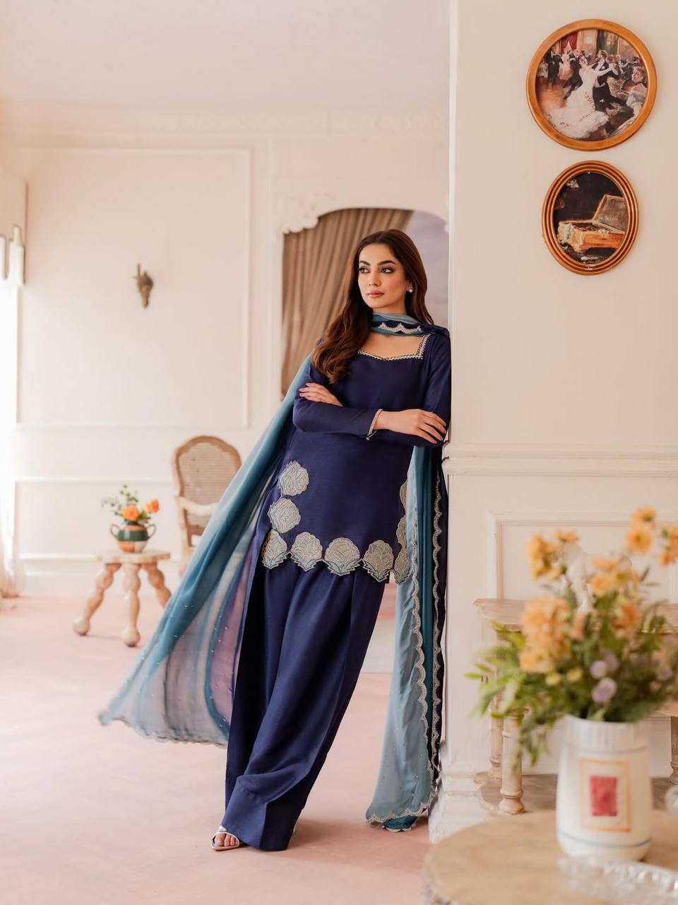 LadyVastara Stylish Crepe Silk Farshi Salwar Set with Heavy Embroidery Work