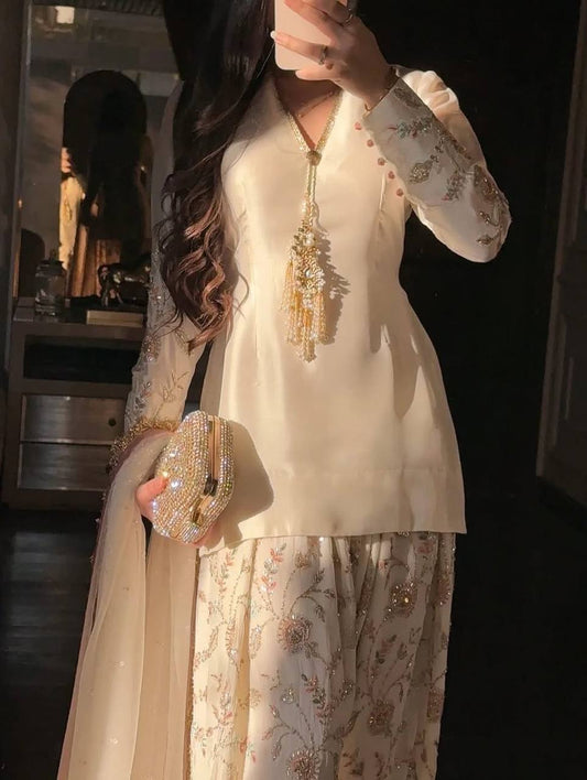 Ladyvastara Luxury Party Wear Farshi Plazzo Suit with Embroidered Organza Dupatta