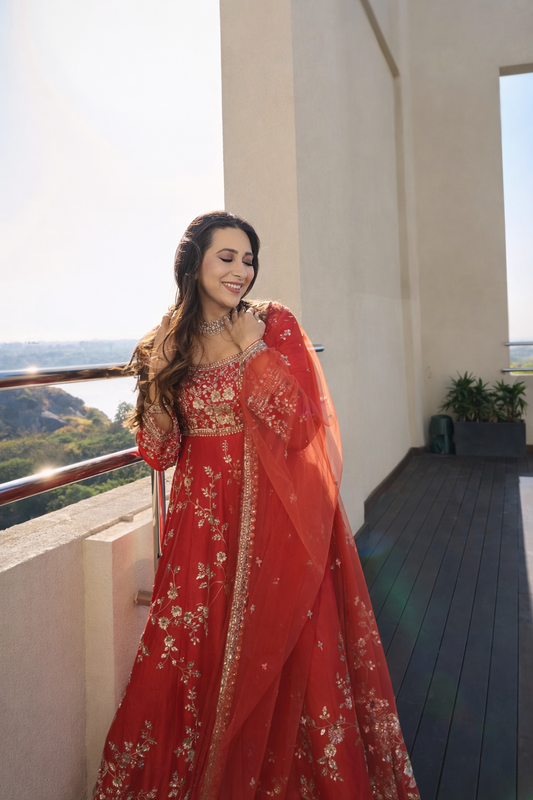LadyVastara Elegant Fox Georgette Embroidered Gown Set with Dupatta for Women
