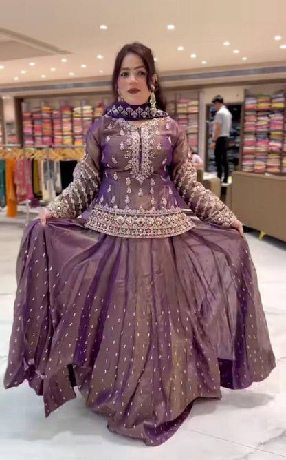 Ladyvastara Designer Simmer Silk Lehenga Set with Embroidery, Zari & Moti Work