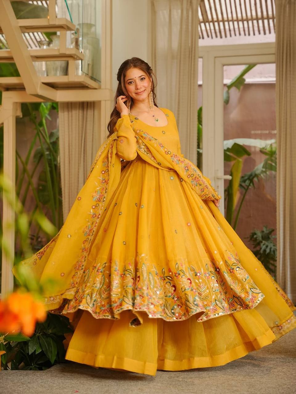 LadyVastara Elegant Crunchy Silk Anarkali Suit Set with Palazzo & Embroidered Dupatta for Women