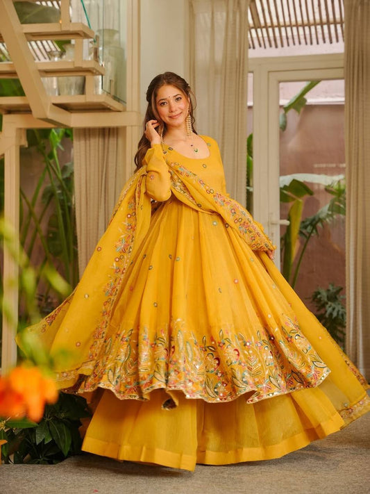 LadyVastara Elegant Crunchy Silk Anarkali Suit Set with Palazzo & Embroidered Dupatta for Women