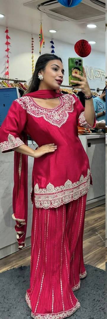 LadyVastara Royal Chinnon Silk Embroidered Top–Sharara–Dupatta Set