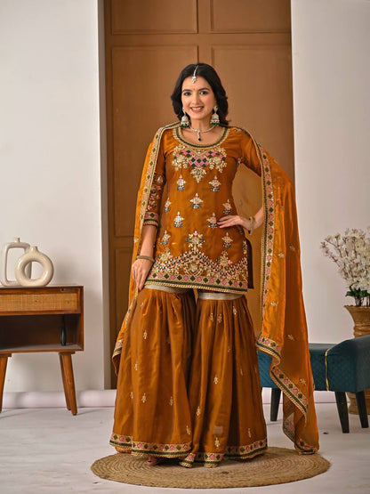 LadyVastara Designer Heavy Fandy Silk Kurta Sharara Palazzo Set with Embroidery & Dupatta