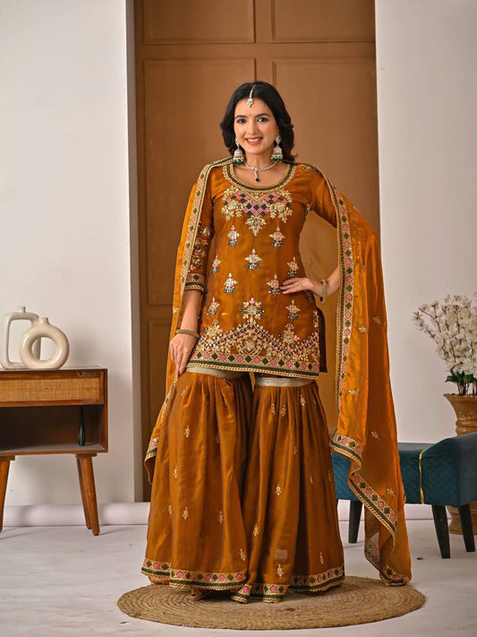 LadyVastara Designer Heavy Fandy Silk Kurta Sharara Palazzo Set with Embroidery & Dupatta