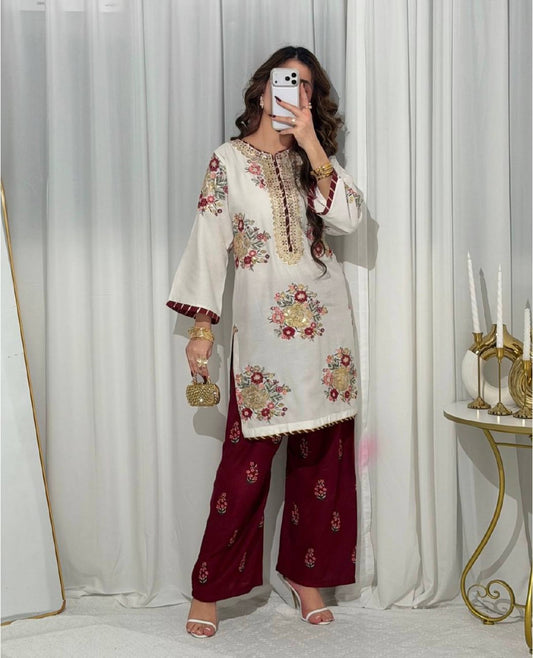 Ladyvastara Premium Faux Georgette Kurti Set with Heavy Embroidery & Pearl Dupatta