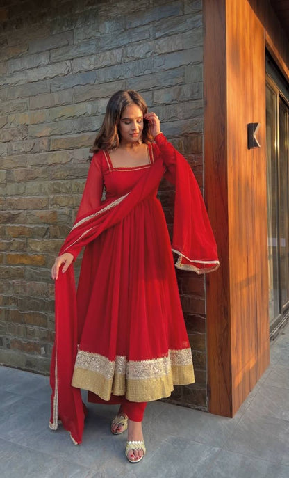 LadyVastara Designer Faux Blooming Anarkali Palazzo Set with Lace Dupatta