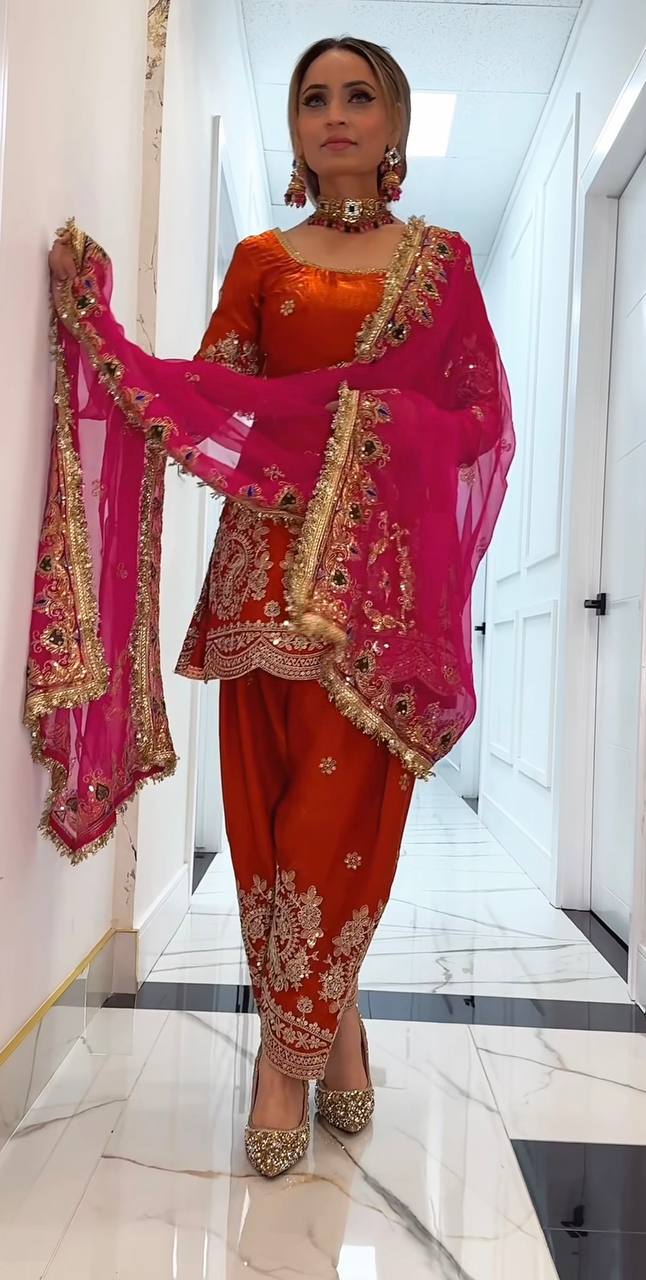 LadyVastara Heavy Embroidered Crushi Silk Top with Stylish Farshi Salwar Set