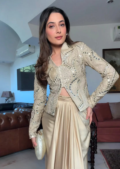 LadyVastara Zareen Gold Silk Zari Indo-Western Jacket Set with Mirror Work & Embroidery