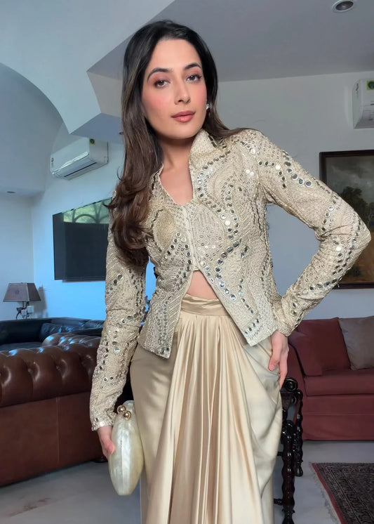 LadyVastara Zareen Gold Silk Zari Indo-Western Jacket Set with Mirror Work & Embroidery