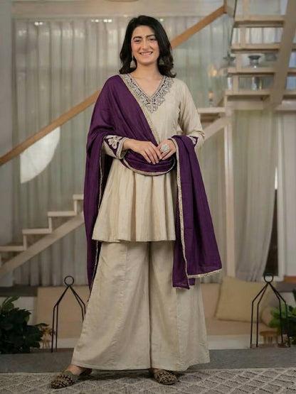 LadyVastara Women's Heavy Roman Silk Embroidered Sharara Suit Set with Hand Work, Chinnon Silk Dupatta