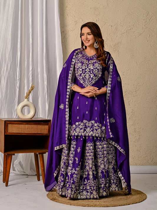 LadyVastara Royal Purple Luxurious Wedding & Party Wear Heavy Embroidered Sharara Suit
