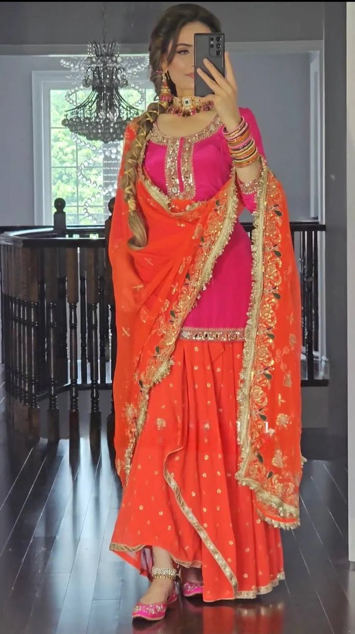 LadyVastara Designer Malay Silk Top with Faux Georgette Dhoti Skirt