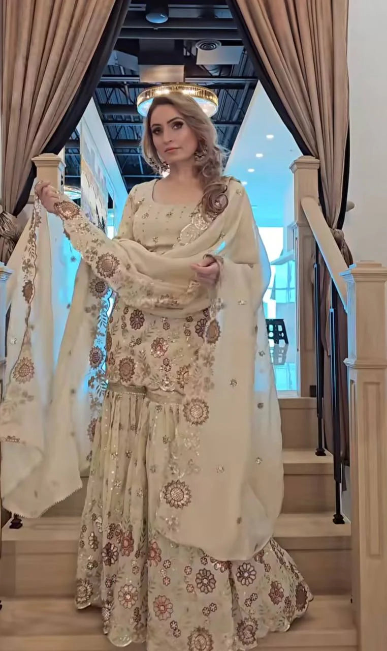 LadyVastara Designer Heavy Chinnon Silk Sequin Embroidered Sharara Palazzo Set with Dupatta
